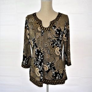 New Directions Black and Gold Paisley Print Top